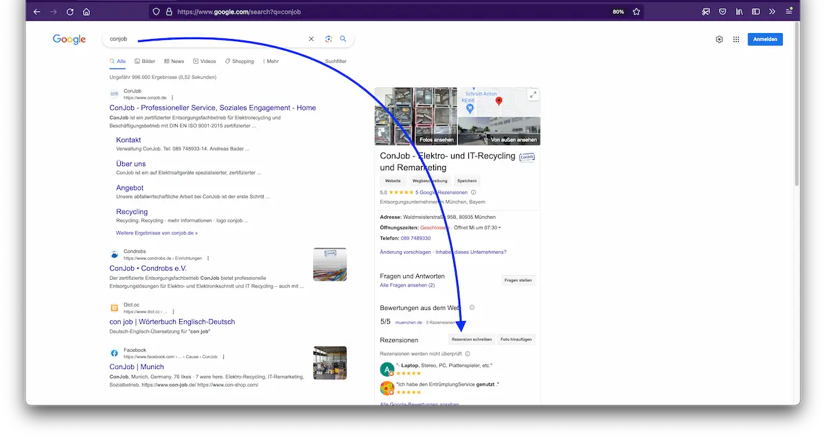 Screenshot Google Suchergebnisse "Conjob" Pfeil auf die Bewertungsfunktion von Google